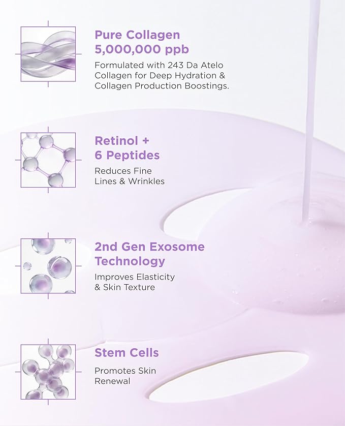AROCELL Super Collagen Mask 4 Facial Sheet 5,000,000ppb Overnight Dual Matrix Hydrogel Masks with Low Molecular Weight Collagen for Elasticity Hydrating Anti-Aging Cooling Korean Skincare, 43g x 4ea