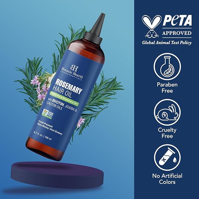 Botanic Hearth Hair Oil for Hair Growth | Rosemary Oil for Hair Growth with Biotin, Castor & Jojoba | Hair Relaxers & Dry Scalp Treatment | Color Safe | All Hair Types | 6.7 Fl Oz