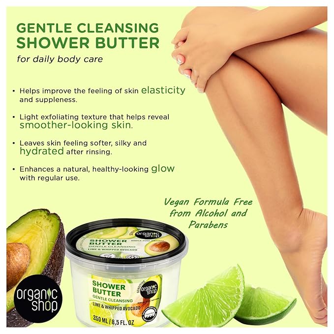 Organic Shop Shower Butter Whipped Avocado & Lime, 99% Natural, COSMOS Natural, Vegan Body Wash, Moisturizing Shower Cream, Gentle pH Balanced Cleanser, Paraben Free, Made in Europe, 8.5 fl oz