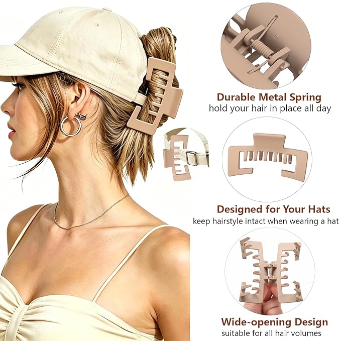 4 Pcs Large Hats Claw Clips for Women, Hat-Friendly Hair Clips for Trucker Hats and Baseball Caps, Matte Non-Slip Strong Hold Hair Claw Clips for Thick Thin Hair