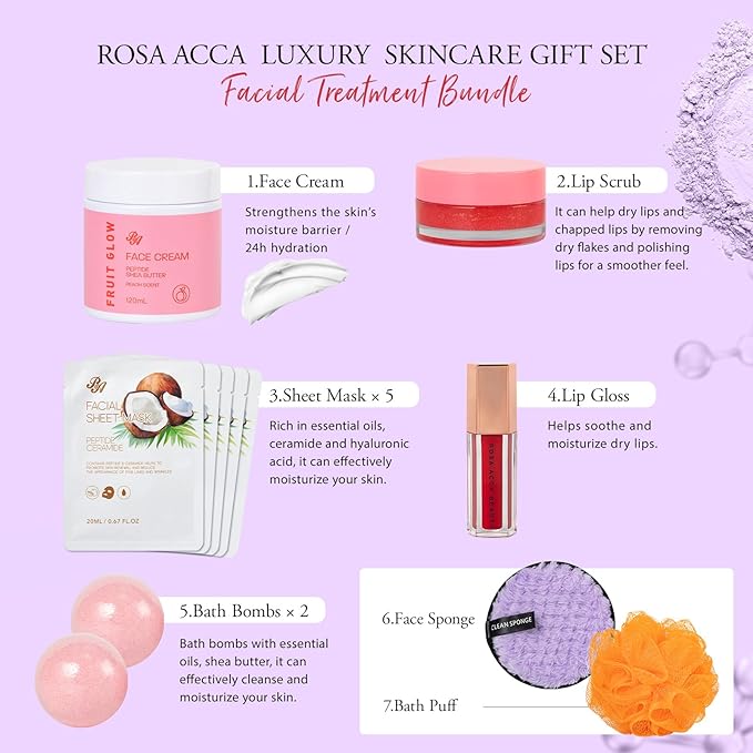 42 Pcs Mother's Day Gifts, Super Fruit Bath and Body Spa Gift Basket Set for Women, Facial Skin Care Kit, Self-Care Gifts Basket Set, Lip Gloss, Face Sheet Mask, Birthday, Christmas, Anniversary, Mom