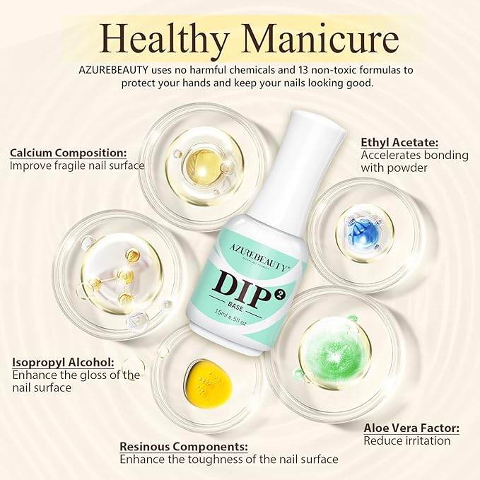 AZUREBEAUTY 4+4pc Dip Powder Liquid Set, 15ml/0.5oz, with Base/Top Coat, Activator, Brush Saver, Nail File– Fast Drying Formula, No UV Light Needed ﻿