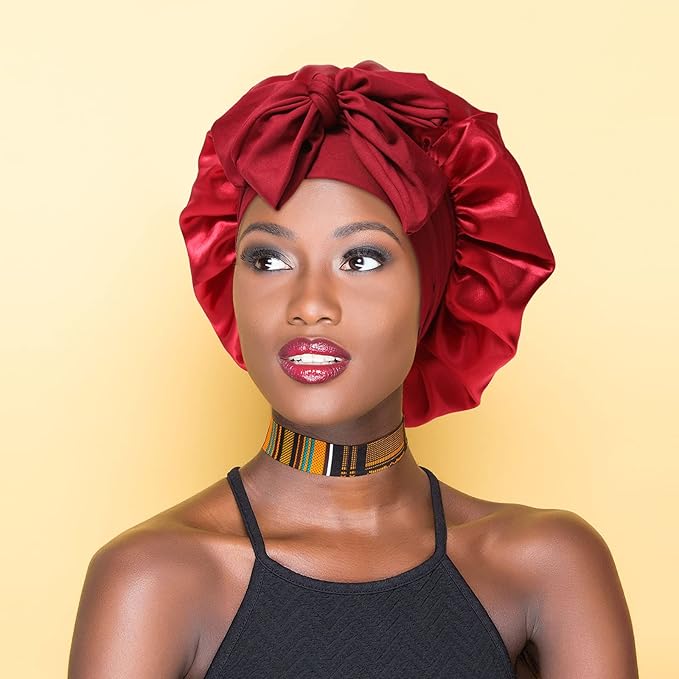 Satin Bonnet for Women With Tie Band - Large 2 Layered Silk Sleeping Cap Nightcap With 3PCS Hair Scrunchies (Wine Red)
