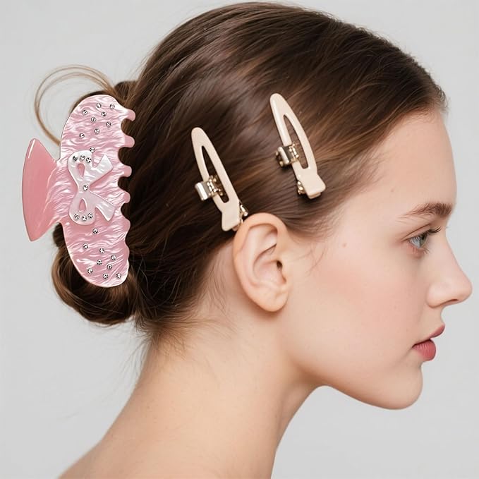 Bow Claw Clip for Women, Non-Slip Sparkling, Pink Cute Extra Large Claw Clips for Thick Hair, Strong Hold Hair Accessories for Workout Party Everyday Use