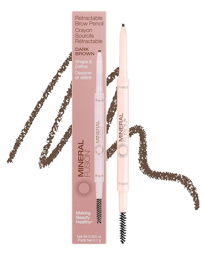 Mineral Fusion Retractable Brow Pencil (Dark Brown) - TZR 2025 Beauty Heroes Award Winner - Shape & Define Eyebrow with Blending Spoolie Brush - Velvety Smooth, Long-Lasting Color - Vegan Formula