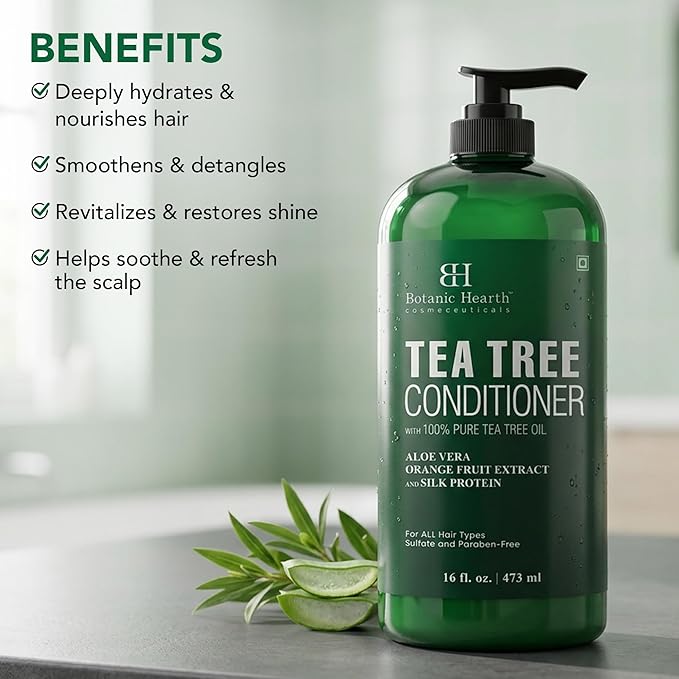 Botanic Hearth Tea Tree Conditioner | For All Hair Types | Fights Dandruff & Dry Scalp | With Vitamin C, Peppermint Oil, Rosemary & Lavender Oil | Sulphate & Paraben Free | 16 Fl Oz