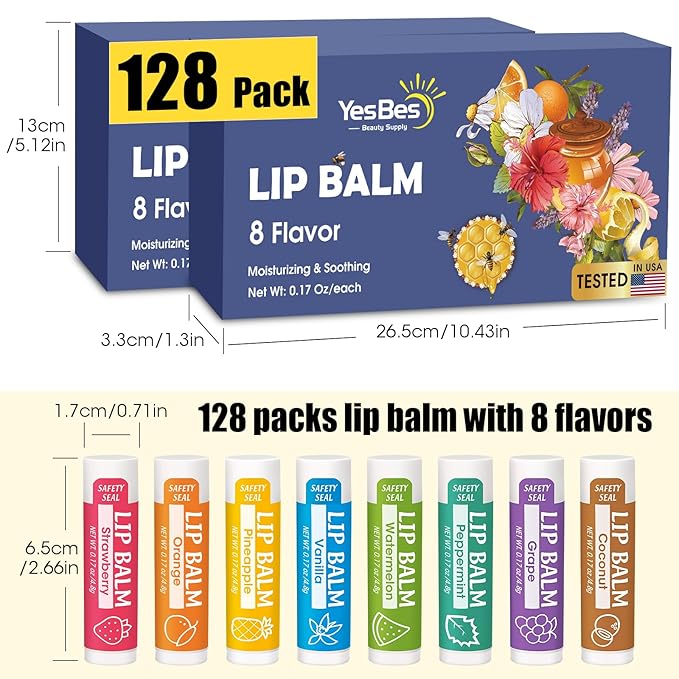 YesBes 128 Pack Lip Balm, Natural Lip Balm Bulk with Vitamin E and Coconut Oil, Moisturizing Lip Balms for Dry Cracked Lips, Lip Balms for Mothers Day Gifts Stocking Stuffers - 8 Flavors