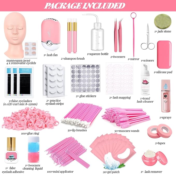 QUKLOGEN Lash Extension Kit Eyelash Practice for Beginners Professional Set with Mannequin Head Removable Eyelids USB Fan Spraye Individual False Lash Eyelash Strips Shampoo Brush Supplies