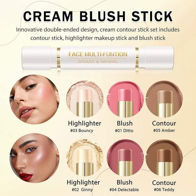 IONSGAKO 6 Colors Cream Contour Stick Makeup Kit, Double-ended Cream Highlighter Stick Bronzer and Blush Stick for Sculpt the Cheeks, Matte & Dewy Finish, Face Contour Kit for Beginners, Set A