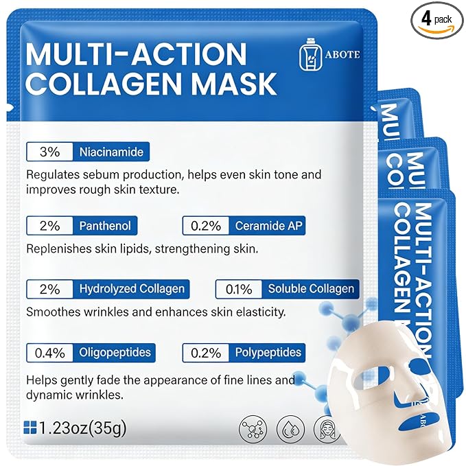 ABOTE Collagen Facial Sheet Mask - Overnight Jelly Gel Transforming from White to Transparent for Glass Glow Skin, Boost Elasticity, Even Skin Tone & Hydrate, 1.23oz (35g) x 4 Pack