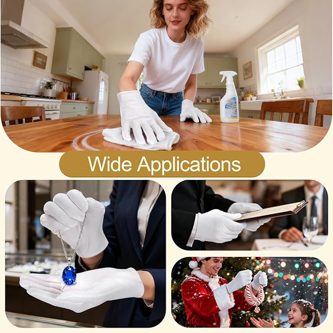 32PCS (16 Pairs) Thin White Gloves for Dry Hands Sleeping, Breathable White Glove with Elastic Cuff for Overnight Treatment, Eczema, Spa, Work, Inspection (One Size Fits Most)
