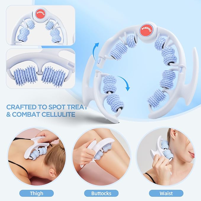 Cellulite Massage Tool, Anti-Cellulite Roller- Lymphatic Drainage Massager - Muscle Roller, Deep Fascia Massage, Dimpled Skin Removal, Legs/Thighs/Buttocks, Smooth Skin (14 Wheel - Blue)