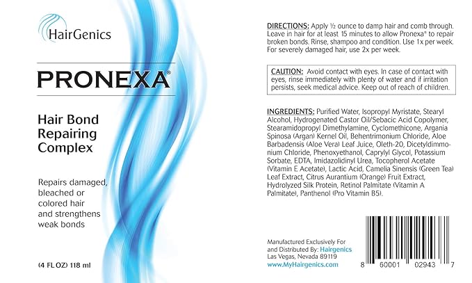 Hairgenics Pronexa Hair Bonder Bond Repairing Complex and Conditioner for Damaged and Treated Hair. 4 FL OZ Provides 8 full treatments.