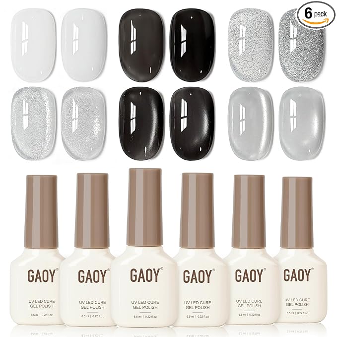 GAOY Black and White Gel Polish Set, Sliver Cat Eye, Opal White, Jelly Black Glitter Reflective Gel, Magnetic Holographic DIY Nail Art