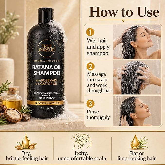 Batana Oil Shampoo for Hair Growth & Strength - Rosemary & Castor Oil Sulfate-Free Shampoo for Thinning, Dry, & Damaged Hair for Men and Women - Supports Thicker-Looking Hair | 16 fl oz TRUÉ PURSUÉ