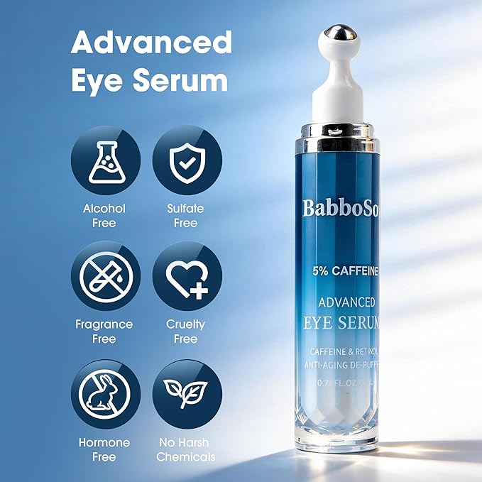 Eye Cream for Dark Circles, 5% Caffeine Retinol Under Eyecream for Anti Aging Wrinkles Eye Bags Puffiness, Multi Peptide Hydrating Treatment Eye Cream with 360° Massage Roller, Brightens, 0.75 Fl.oz