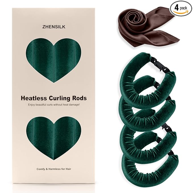 Heatless Hair Curler Set – 4PCS Velvet Overnight Blowout Rods for Heatless Curls, Jumbo Flexible Curling Rods to Sleep In, No Heat Curling Tools for Natural Waves and Curls Green