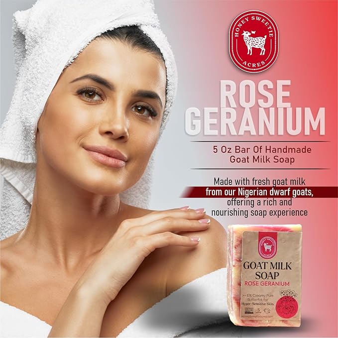 Honey Sweetie Acres Rose Geranium Goat Milk Soap - Handmade 5 oz Bar, Made with Natural Ingredients, Moisturizing & Gentle, Made in the USA