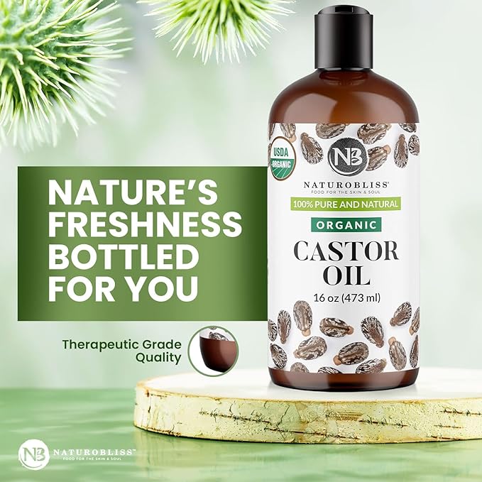 NaturoBliss Organic Castor Oil 16 oz – 100% Pure, Expeller-Pressed, Hexane-Free – Value Size Beauty Oil for Hair, Eyelashes, Eyebrows, Skin & Scalp, with Beauty Starter Kit – USDA Organic, GCMS Tested