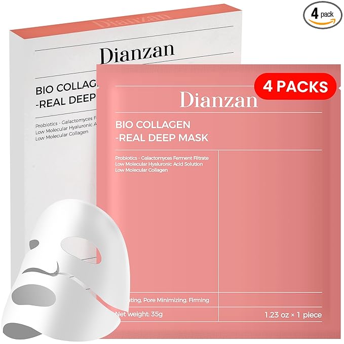 Dianzan Korean Overnight Bio-Collagen Mask, Deep Moisturizing, Firming, Glowing Glass Skin Mask, Brings Glass-Like Glow, Shrinks Pores, Diminishes Fine Lines, Gentle on Sensitive Skin, 35g x 4ea