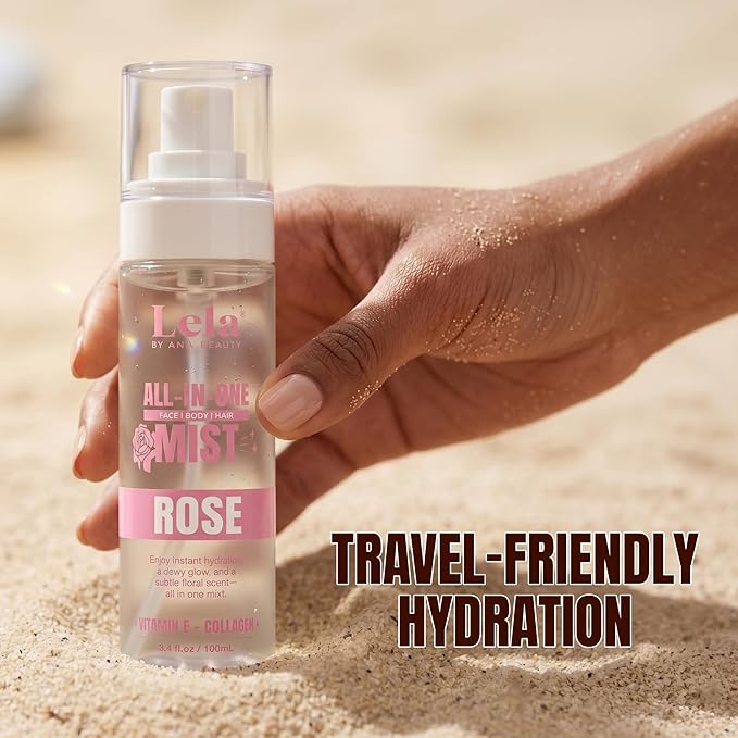 Lela Beauty All-In-One Rose Mist Hydrating Face, Body & Hair Spray with Vitamin E & Rose - Lightweight Travel Size Formula with Cooling Facial Mist for Glow & Refreshed Skin - 3.4fl oz