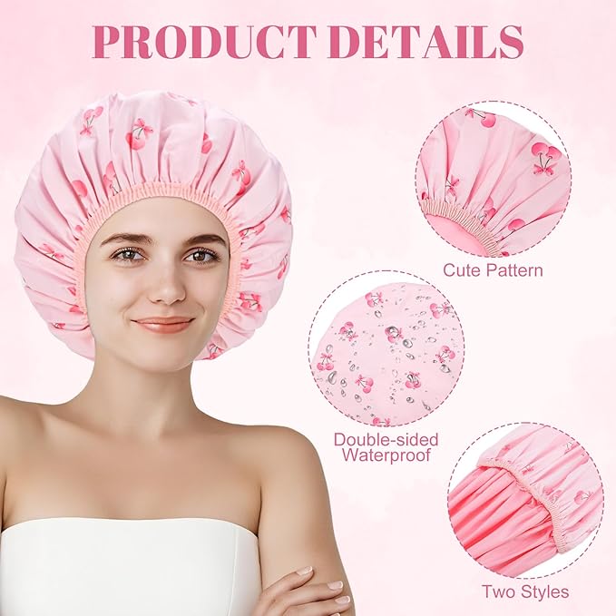 Pengxiaomei Large Double-Sided Shower Cap for Women, 2-in-1 Reusable Waterproof Cherry Print Bath Cap Pink Gifts for Women Girls Long Thick Hair