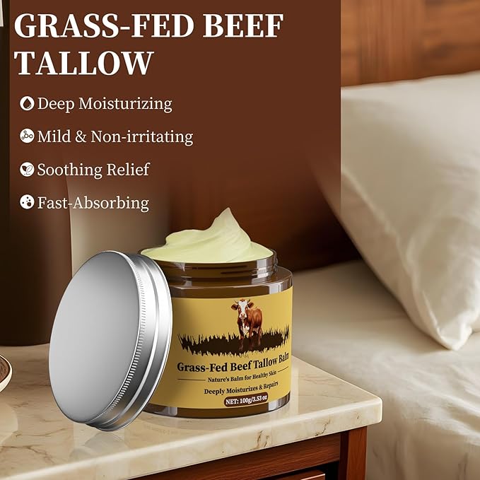 Oebitor Beef Tallow for Skin, Tallow and Honey Balm, Facial Moisturizer Cream, 100% Organic Grass Fed Whipped Beef Tallow Balm Deeply Moisturizing for Face & Body, Suitable For All Skin Types(3.53oz)