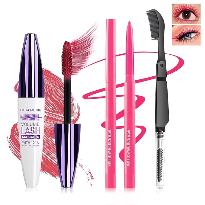 Pink Mascara and Eyeliner Set,5D Colored Mascara Volume and Length Waterproof,Natural Curling rimel de pestañas,Suitable for Women Eye Makeup