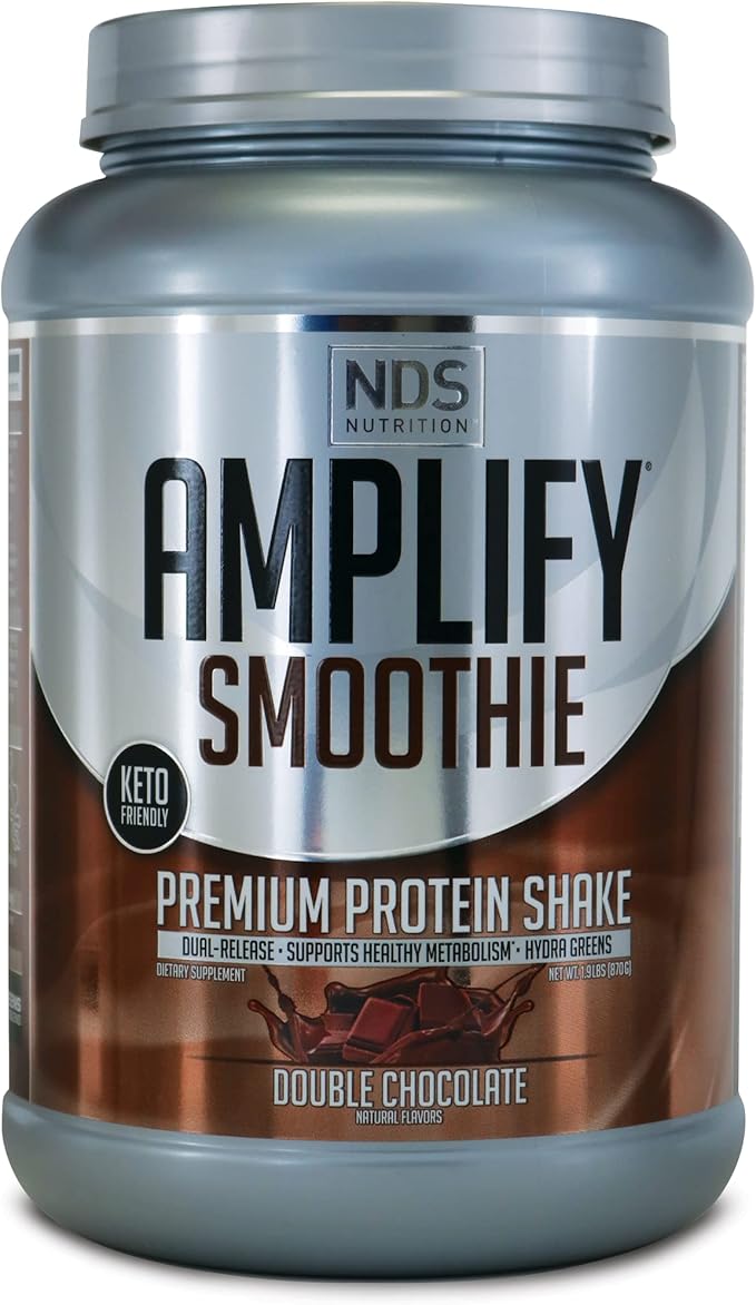 AMPLIFY NDS Nutrition Smoothie Premium Whey Protein Powder Shake with Added Greens and Amino Acids - Build Lean Muscle, Gain Strength, Lasting Energy, and Lose Fat - Double Chocolate (30 Servings)