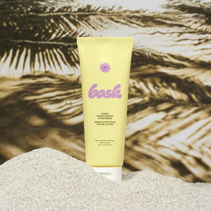 Bask SPF 50 Sheer Moisturizing Sunscreen Lotion - Broad Spectrum UVA/UVB Protection, Dermatologist Recommended, Hydrating, Lightweight & Non-Greasy, No White Cast, Travel Size, 3.4 fl oz
