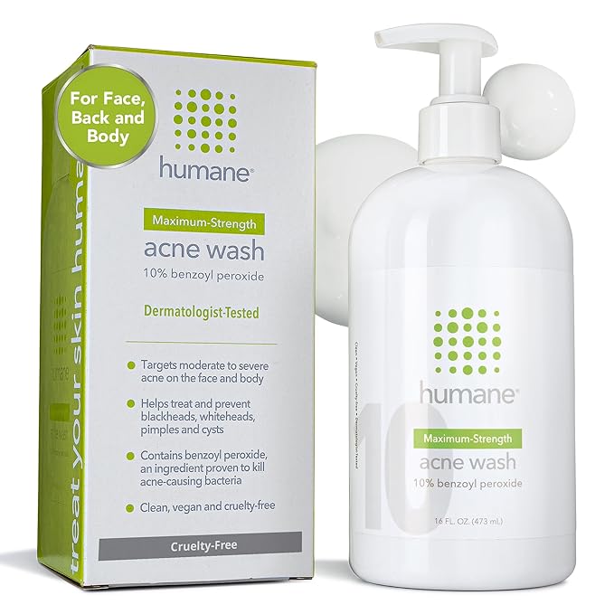 humane Benzoyl Peroxide Acne Body Wash - 10% Maximum-Strength Face, Skin, Butt, and Back Acne Treatment - 16 Fl Oz - Dermatologist-Tested Non-Foaming Acne Face Wash Cleanser - Vegan, Cruelty-Free