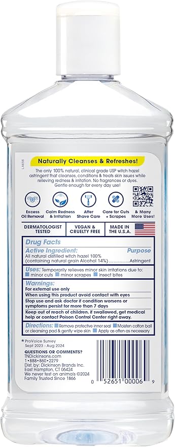 T.N. Dickinson's Witch Hazel Astringent for Face and Body, 100% Natural, 6 Count