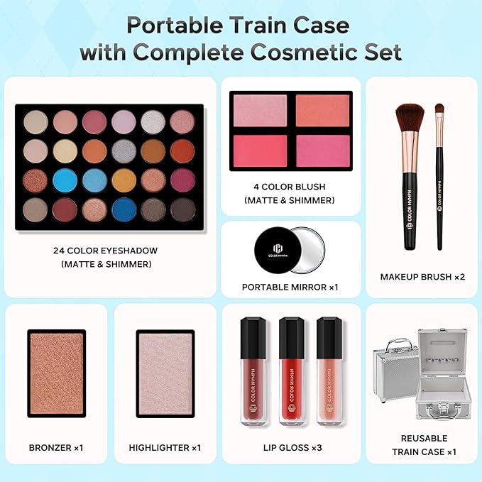 Color Nymph Beginner Makeup Kit For Teens With The Small Cosmetic Train Case Included 24-Colors Eyeshadow Palette Blushes Bronzer Highlighter Lipstick Brushes Mirror(Silver)