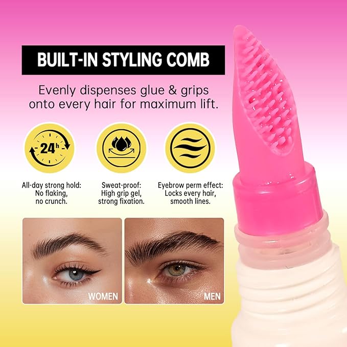 Brow Lamination Gel with Comb, 24H Clear Eyebrow Glue for Fluffy Lifted Brows, Sweatproof & Non-Flaky Hold, Creates Natural Feathered Look, All-Day Styling Kit (2-Pack)