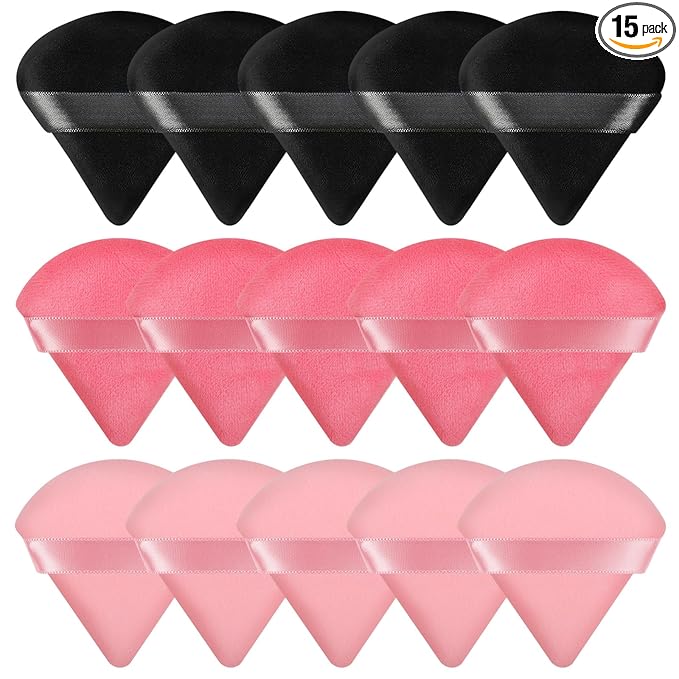 Pimoys 15 Pcs Triangle Powder Puff Pink Velour Makeup Puff, Dry Use for Foundation on Cheeks Forehead Eyes and T-Zone, Reusable for Home Travel and Pro Use