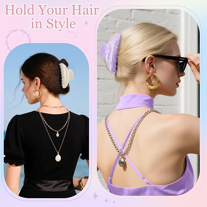 4.2 Inch Large Acrylic Claw Clips, Cute Green Beige Pink Purple Hair Claw Strong Hold Hair Clips Barrettes for Thick Thin Hair, 4 Pack Stylish French Hair Accessories for Women Girls