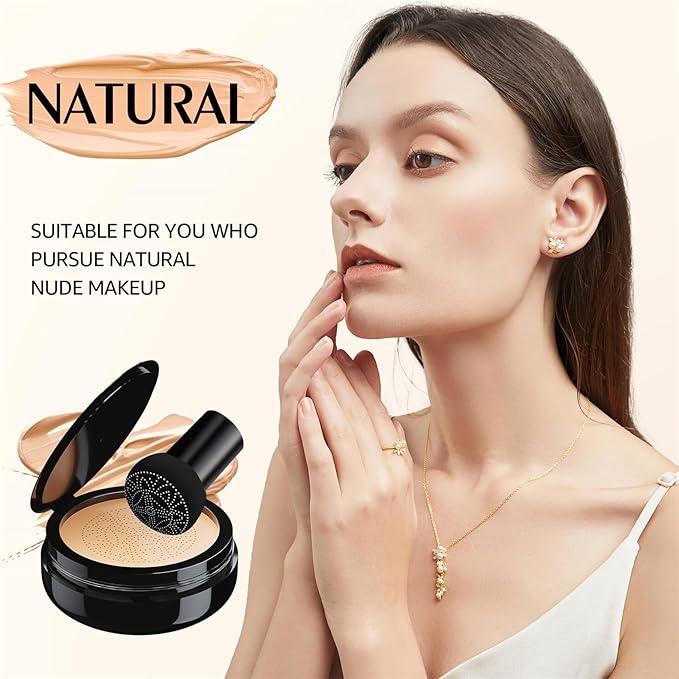 Mushroom Head Air Cushion CC Cream - BB Cream Face Makeup Foundation for Mature Skin Moisturizing Concealer Brighten Long-Lasting, Even Skin Tone for All Skin Types (Natural Beige)
