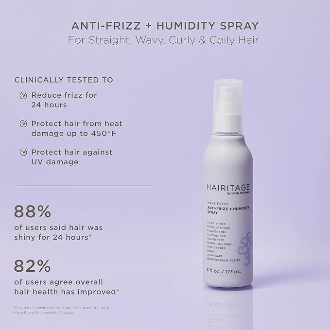Hairitage Frizz Free + Anti-Humidity Heat Protectant Anti-Frizz Hair Treatment Spray, Hair Thermal Blowout Primer for Shine, Blow Dry Support Styling Mist, 6oz
