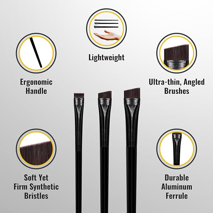 Eyeliner & Eyebrow Brush Set | Fine Angled, Slanted, Ultra-Thin Flat Makeup Brushes for Precision Gel & Brow Tinting with Soft Synthetic Hairs