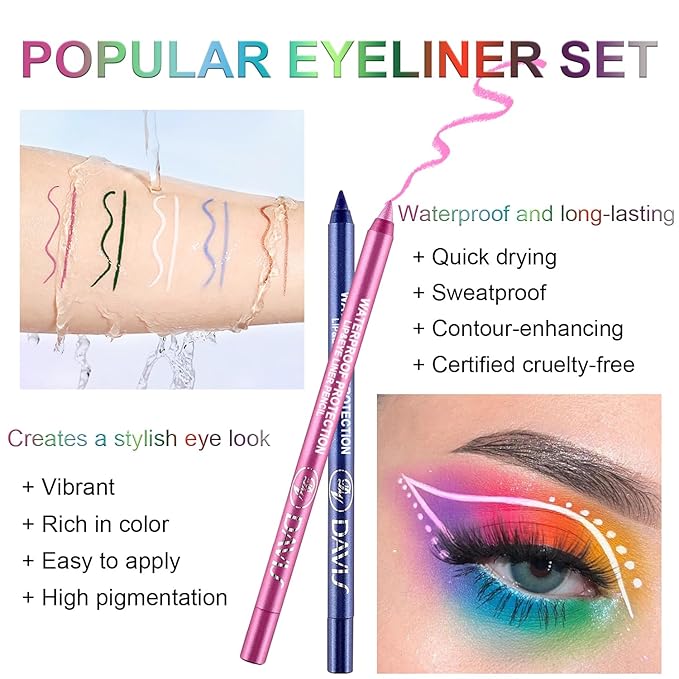 LemonSac 7 Colorful Eyeliner Pen Set, Eye Shadow Pencil, Pearl Eyeliner Kit Metallic Glitter Eye liner Pencil for Women Eye&Lip Liner Professional Eye Makeup Set Colorful Eye Color (7PCS B)