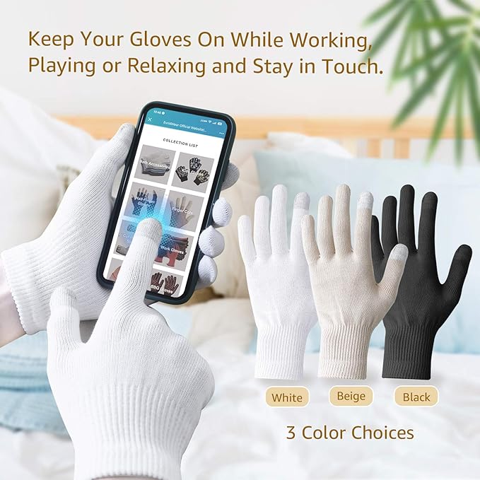 Evridwear Men Moisturizing Cotton Gloves with Touchscreen Fingertips for Eczema Beauty Cosmetic Dry Hands Sensitive Irritated Skin Therapy Overnight Bedtime, 6 Pairs, Lightweight-Black, XS