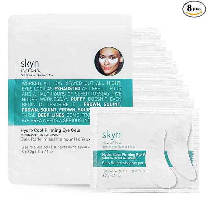 Skyn ICELAND Hydro Cool Firming Under Eye Patches, Instant Cooling for Puffy, Tired Eyes with Peptides and Coenzyme Q10, 10 Minute Treatment, Vegan, All Skin Types, 8 Pairs