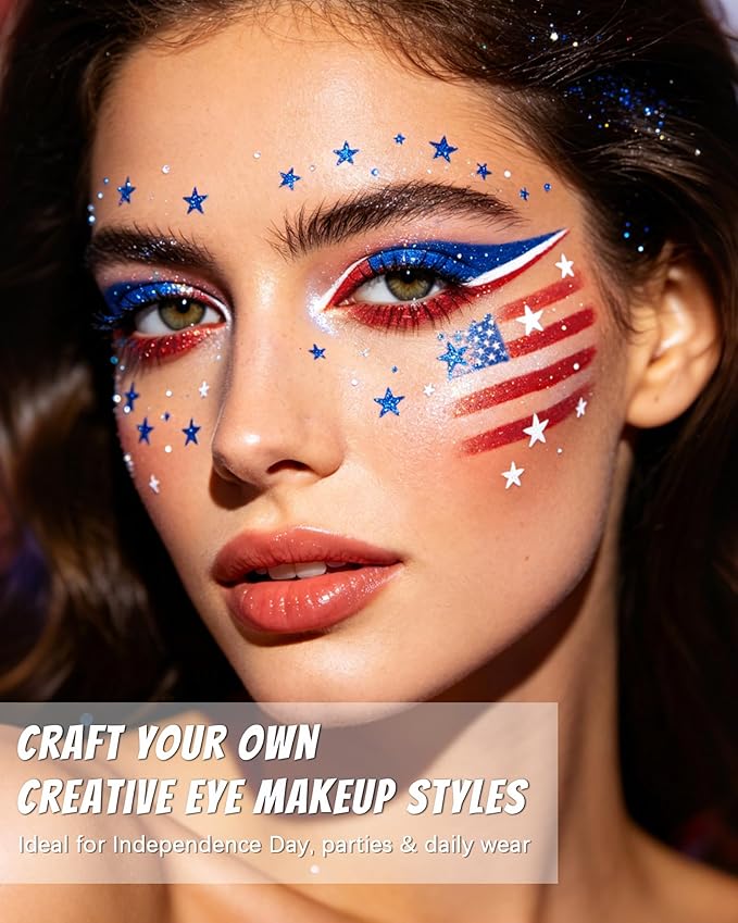 3 PCS Glitter White Red Blue Eyeliner Pencil Set, 4th of July Gel Eyeliner Pencil kit, Waterproof & Smudge-proof Waterline Eye Liner Pen Beauty Makeup for Women, Girls, Daily, Party, Independence Day