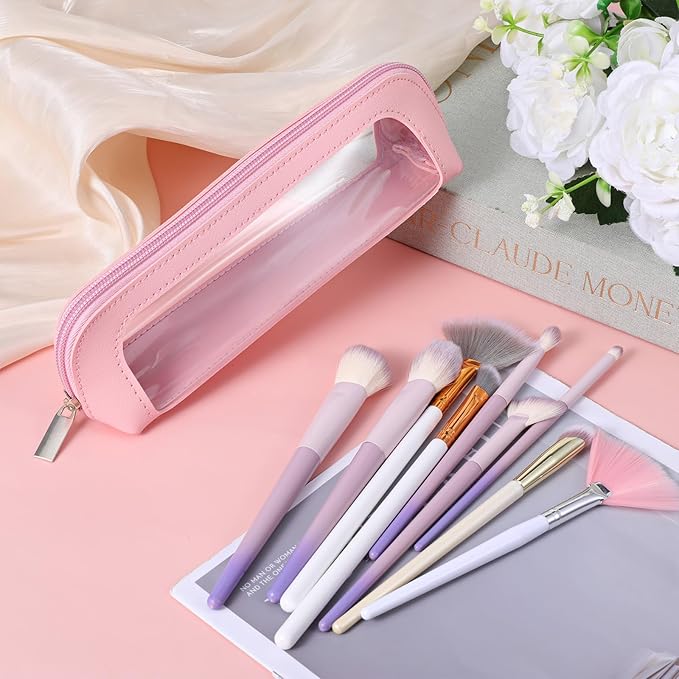 Psyqtsuary Small Clear Makeup Bag, PU Leather Travel Makeup Brush Bag Portable Transparent Waterproof Cosmetic Organizer Pouch with Zipper for Women Home Travel Office Cosmetic Storage (Pink)