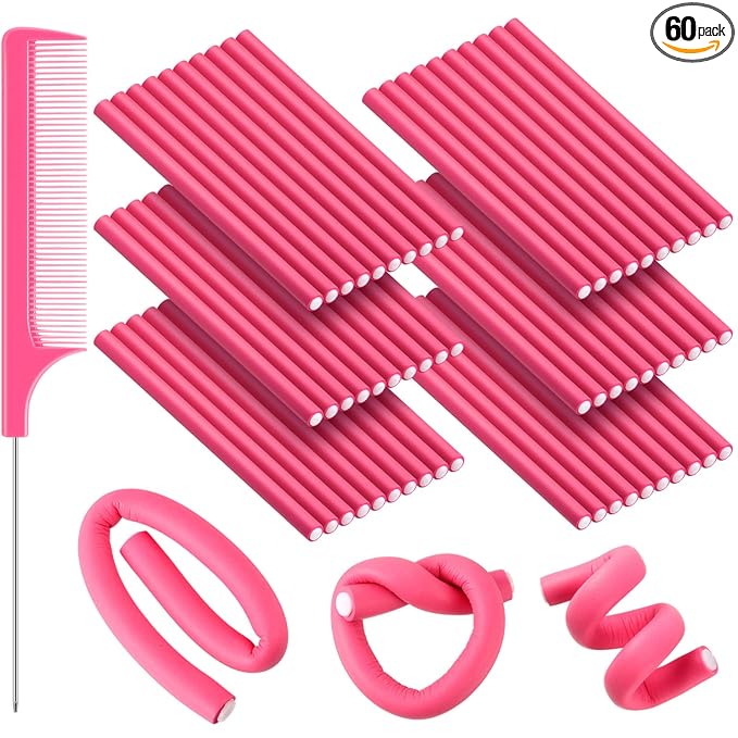 WILLBOND 60 Pieces Flexible Curling Rods Hair Curlers Rollers Twist Flexi No Heat Rods Rollers for Long Short Hair Women(0.3 x 7 Inch,Pink)