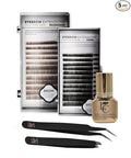 Lash Eyebrow Extensions Kit with 2 Trays of Mink False Eyebrows in Black & Dark Comes on Mixed Length Trays 5-8mm, Eyebrow Glue Clear & Dual Pack (Straight & Curved Tip) Extension Tweezers