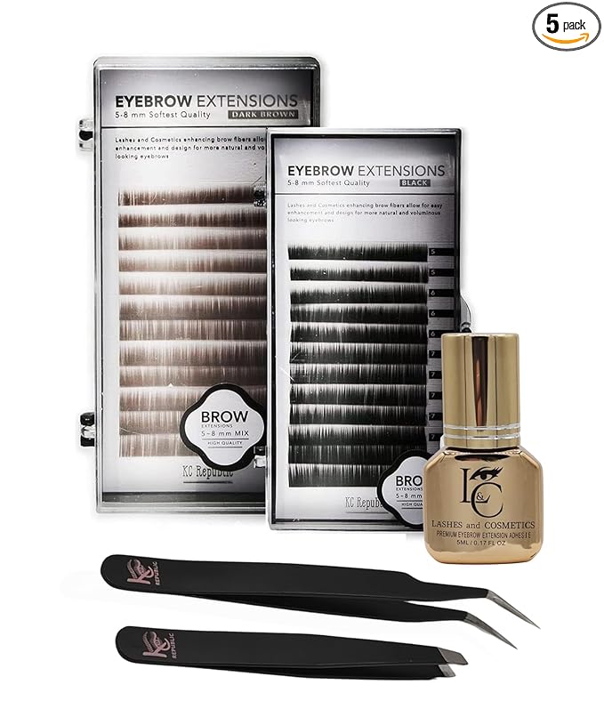 Lash Eyebrow Extensions Kit with 2 Trays of Mink False Eyebrows in Black & Dark Comes on Mixed Length Trays 5-8mm, Eyebrow Glue Clear & Dual Pack (Straight & Curved Tip) Extension Tweezers
