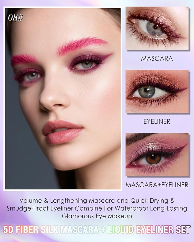 Burgundy Mascara Liquid Eyeliner Set,Update Longlasting Waterproof Color Eye Liner Pen, 5D Silk Fiber Colored Mascara Volume and Length,Women's Day Party Stage Eye Makeup Gift Kit for Women Girl-08