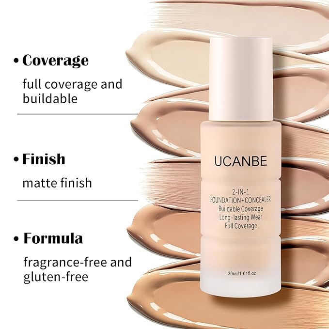 UCANBE 2-IN-1 Foundation + Concealer, Full Coverage Long-Lasting Matte Makeup for Normal, Combination and Oily Skin, Buildable Waterproof Formula with Hyaluronic Acid （04 Natural Beige）