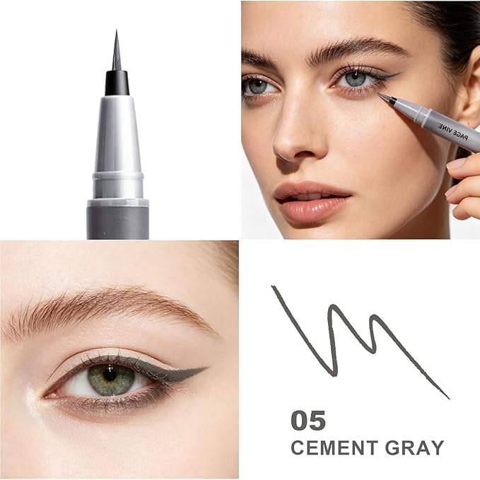 Ultra Fine Liquid Eyeliner Pen - Formula for Mature Women, Slim Precision Tip for Winged & Inner Corner, Waterproof Smudge-Proof, Quick-Drying & Long-Lasting #05 Cement Gray